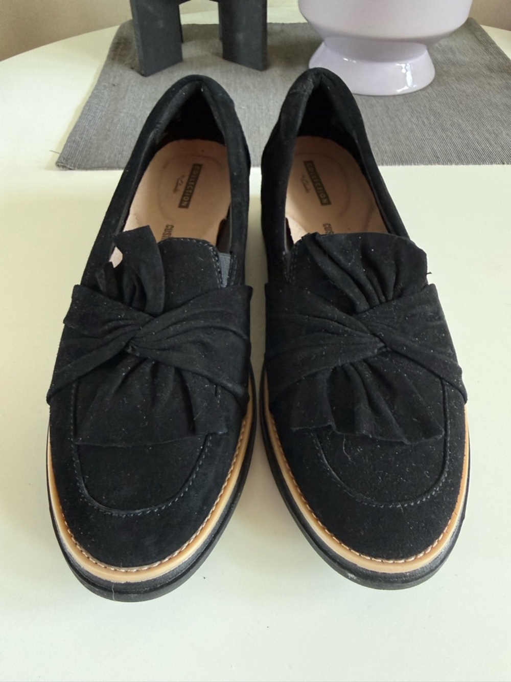 Clarks Black Suede Knot Loafers for Women